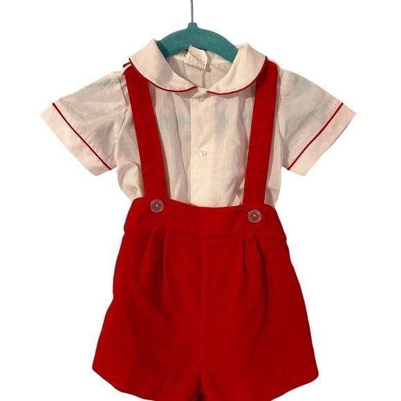 Vintage Layette 3 Piece Red Piping on Shirt, Overalls, Jacket w/Train Size 6/9mo - Picture 4 of 12